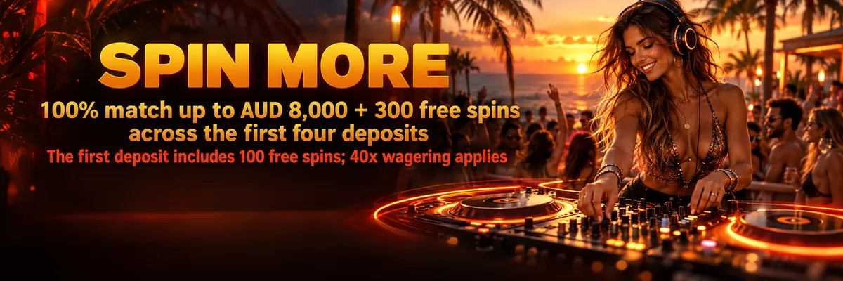 Cinematic seaside festival scene with a headphone-wearing female DJ, orange-red lighting and a free-spins casino promotion