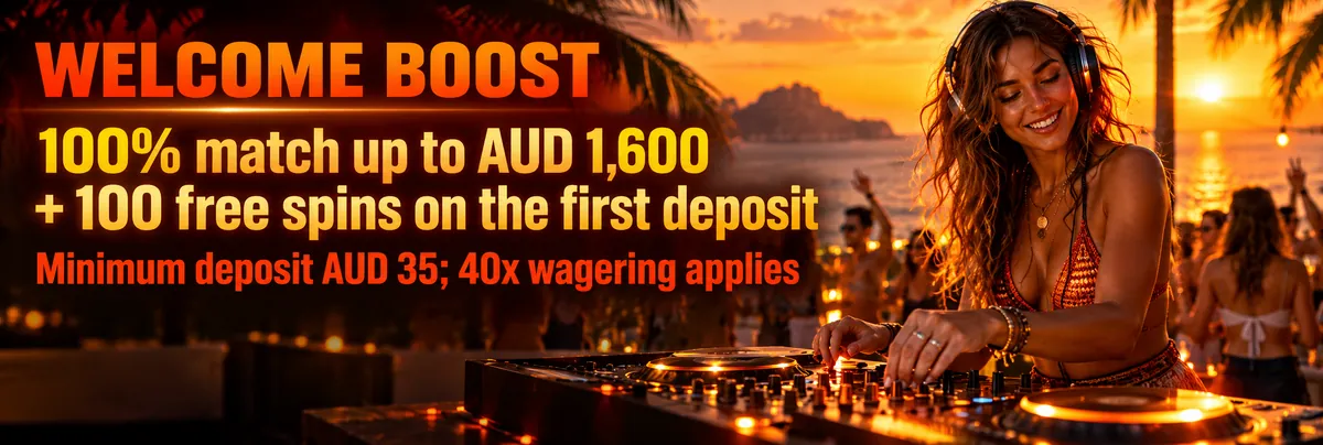 Female DJ mixing music at a warm rooftop party beside a dark promotional panel featuring a welcome casino bonus